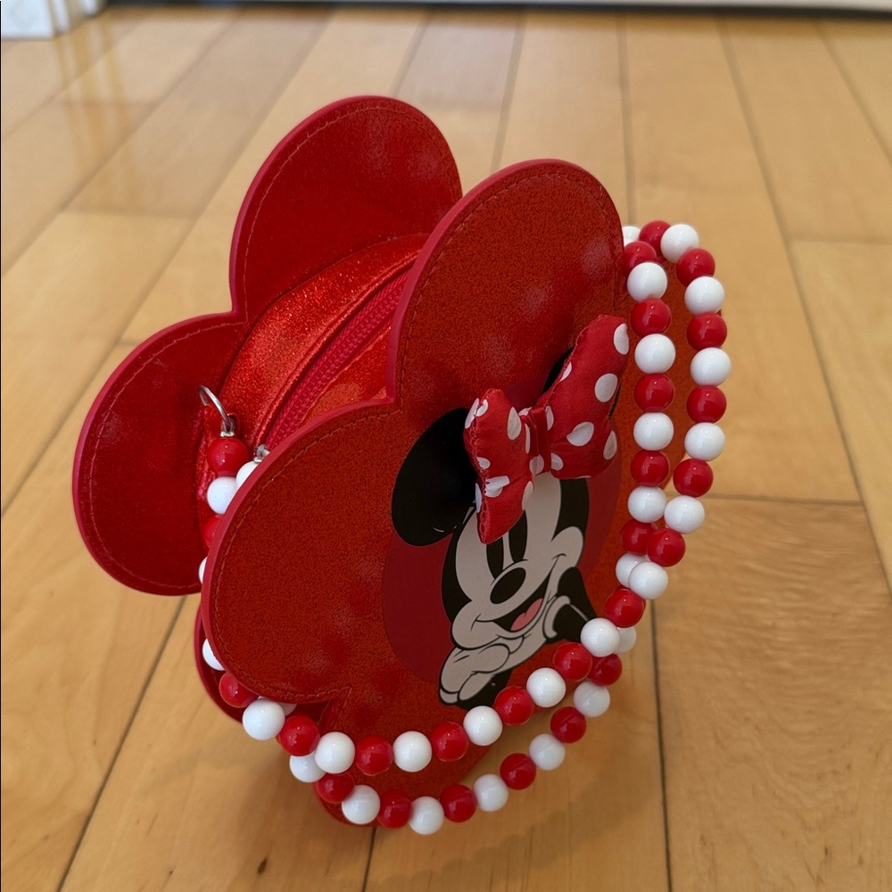 Disney Store Minnie Mouse Red Glitter Flower Purse | Beaded Handle Crossbody Bag - Picture 10 of 10